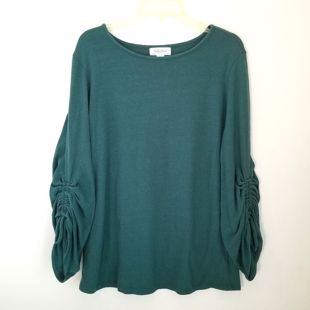 Motherhood Maternity Top Medium Dark Green Pull-Over Boat Neck Cinched Sleeves